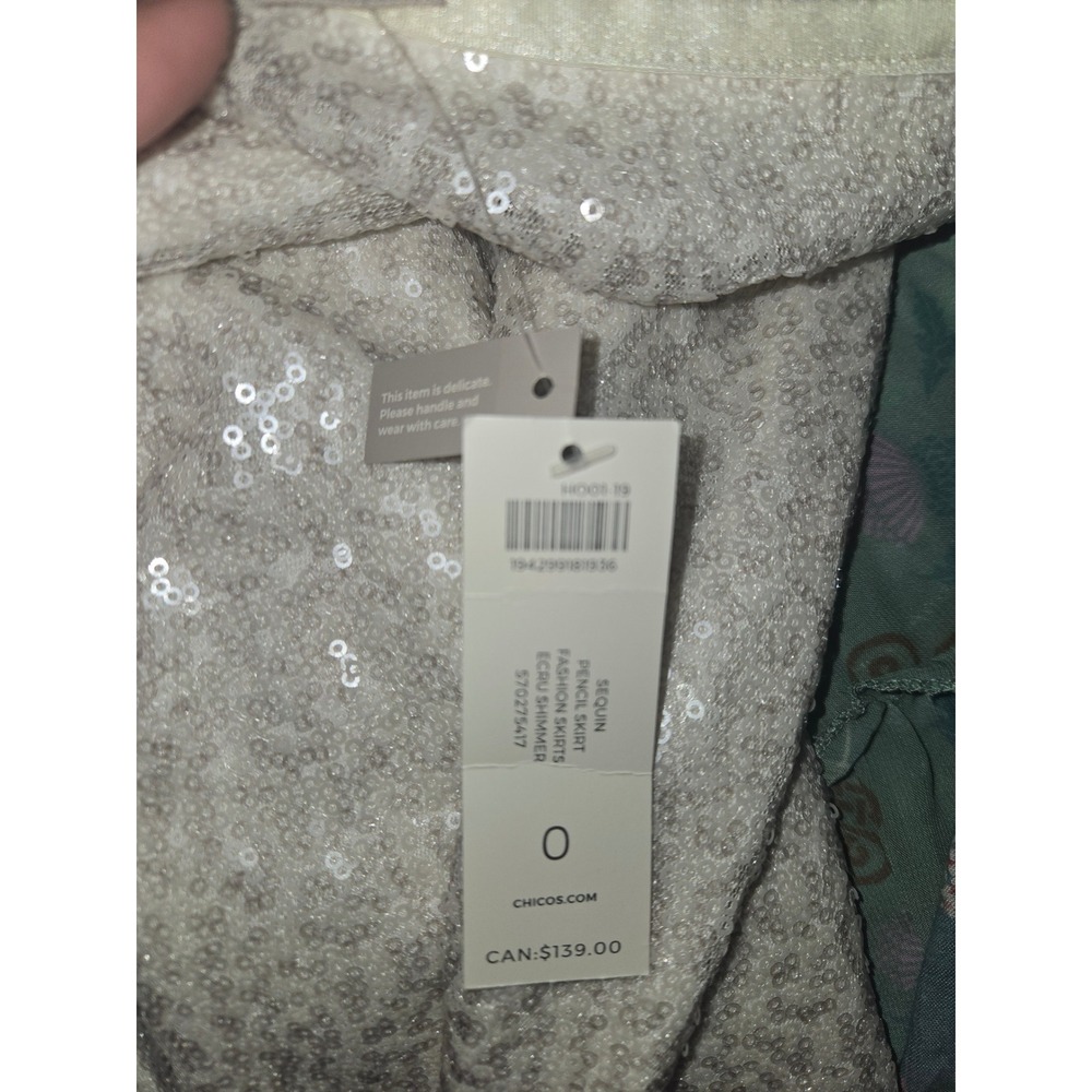 Chico's Sequin Pencil Skirt Ecru Shimmer Cream Midi‎ Party Evening NWT Size 0/M - Picture 5 of 6
